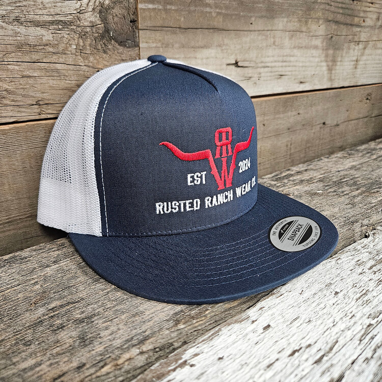 Rusted Ranch Wear Homestead RRW Flat Cap Navy White Rope Red