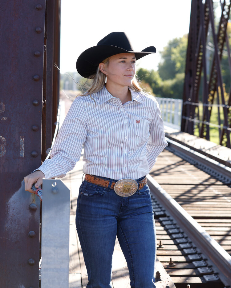 Cinch Tencel Teal Rust Stripe White Button Down