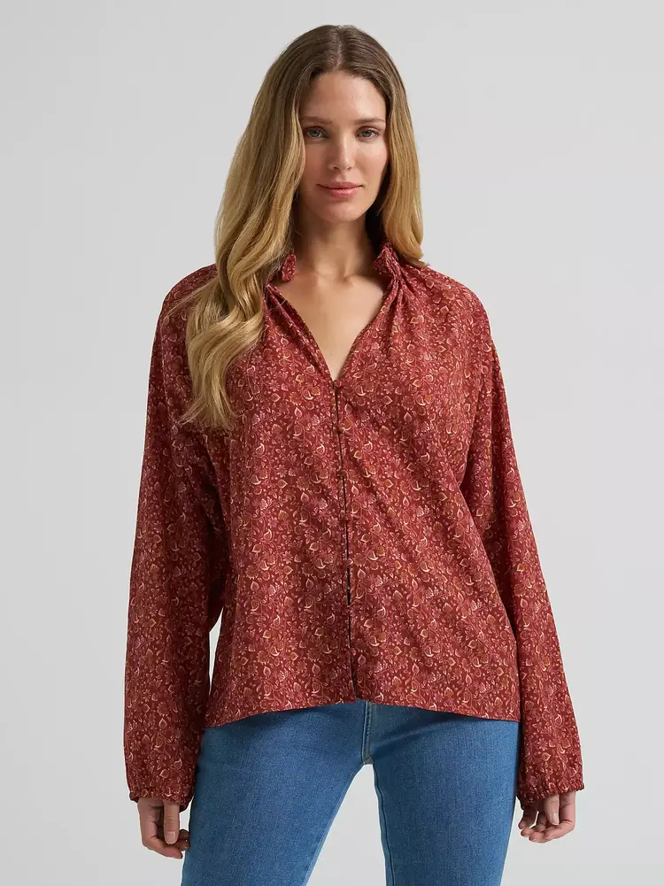 Wrangler Button Front Princess Blouse Burgundy