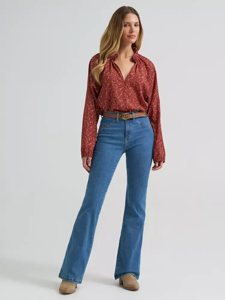 Wrangler Button Front Princess Blouse Burgundy