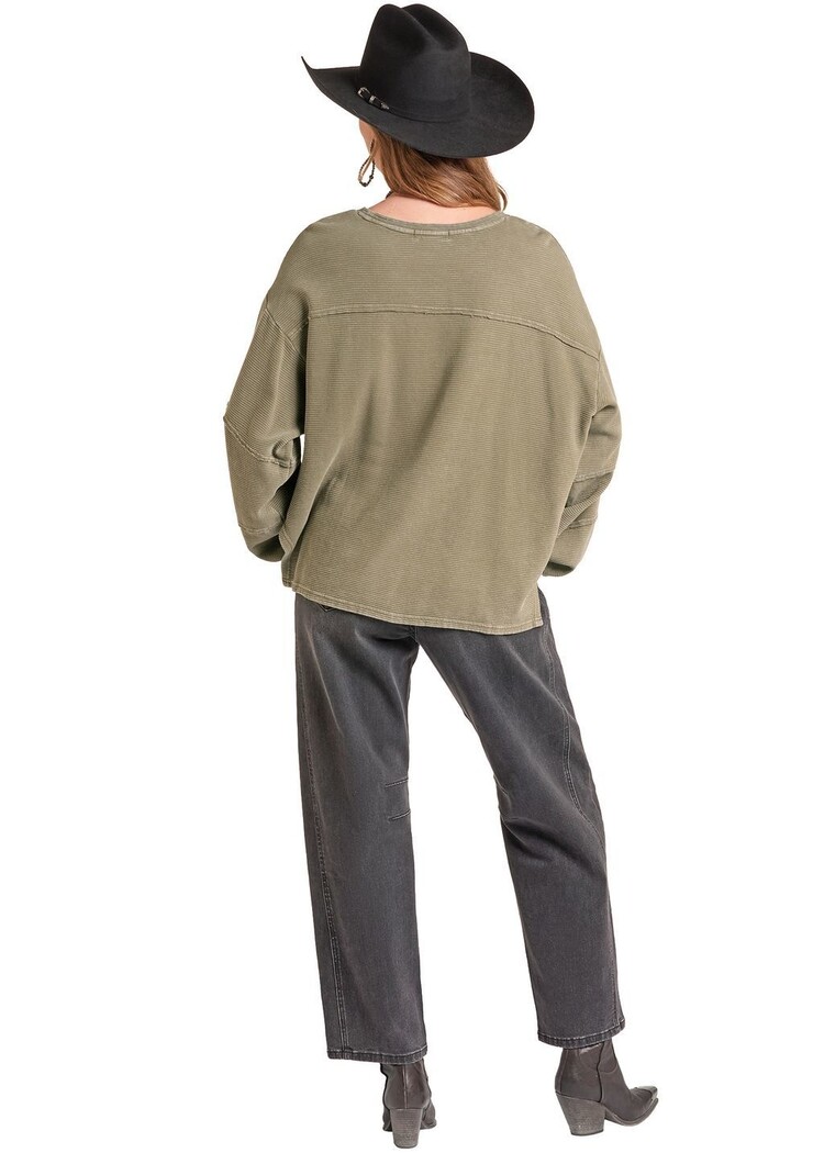 Rock & Roll Denim Oversize Slouchy Rib Sweatshirt Olive