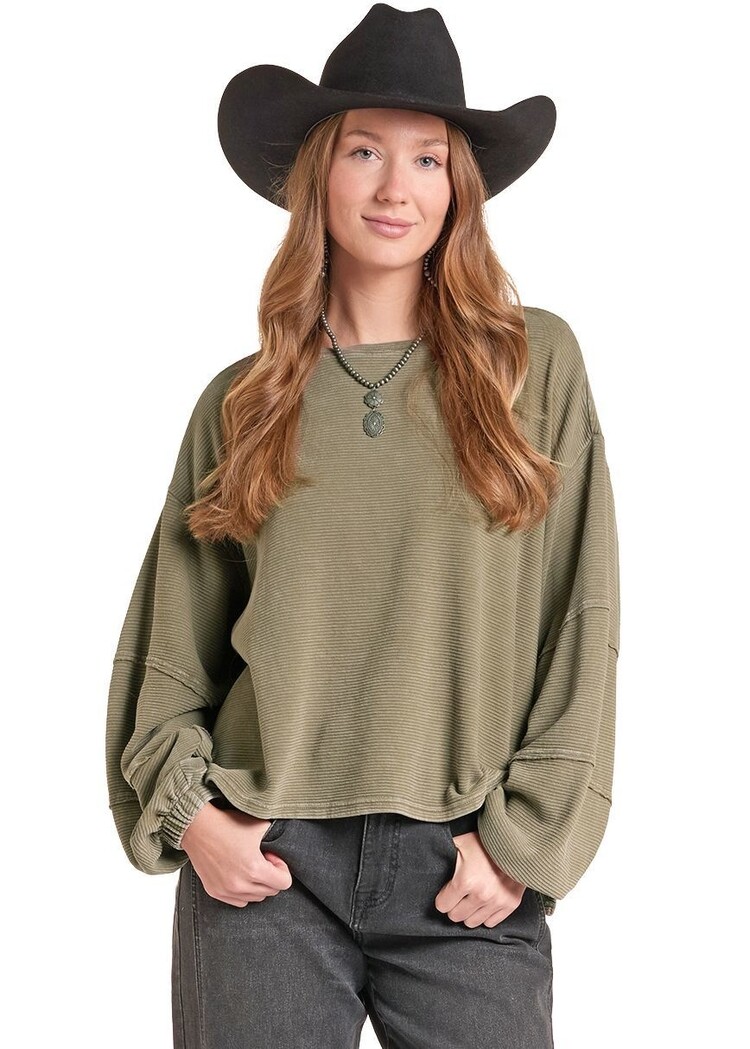 Rock & Roll Denim Oversize Slouchy Rib Sweatshirt Olive