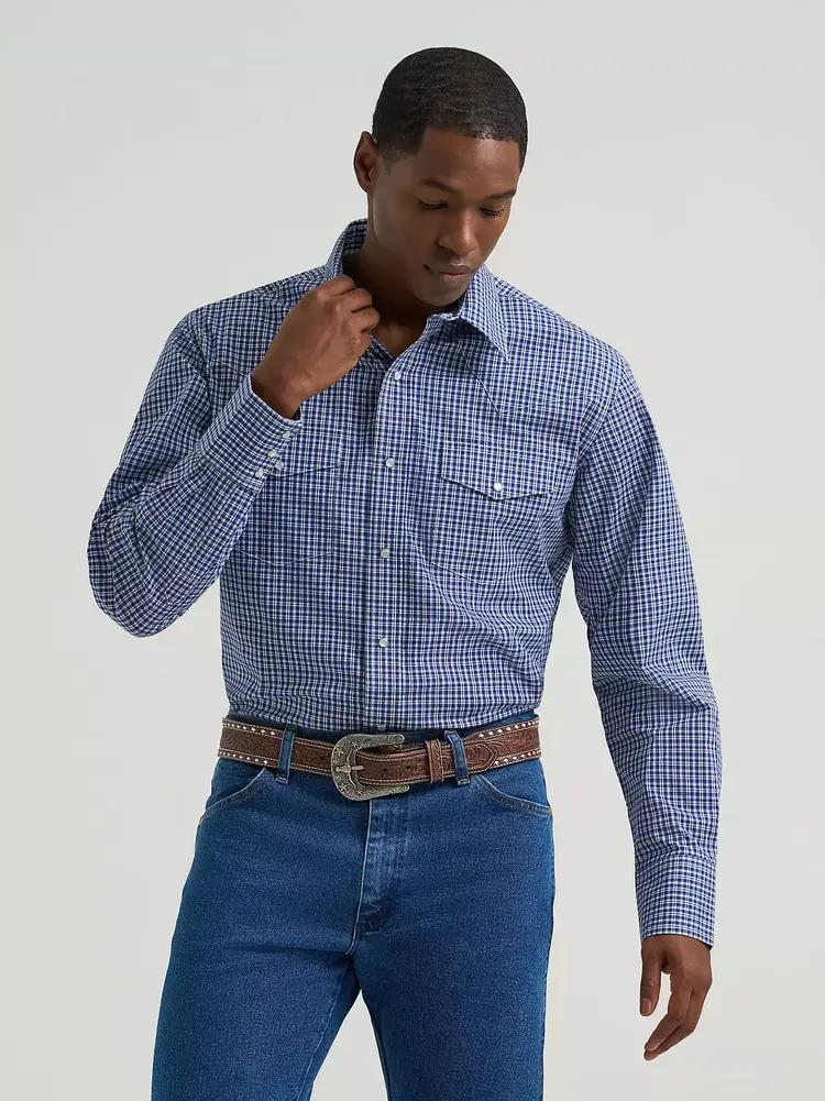 Wrangler Wrinkle Resist Plaid Snap Night Navy