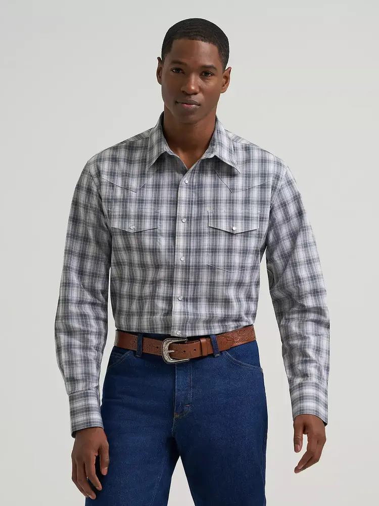 Wrangler Wrinkle Resist Plaid Snap Frontier Stone