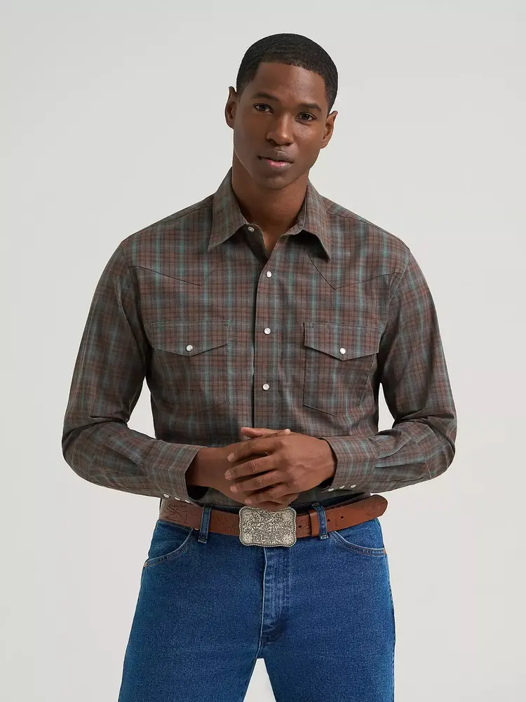 Wrangler Wrinkle Resist Plaid Snap Weathered Teal