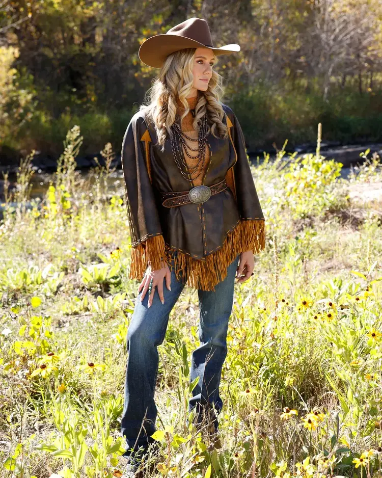 Cruel Denim Faux Leather Whipstitch Cape Brown