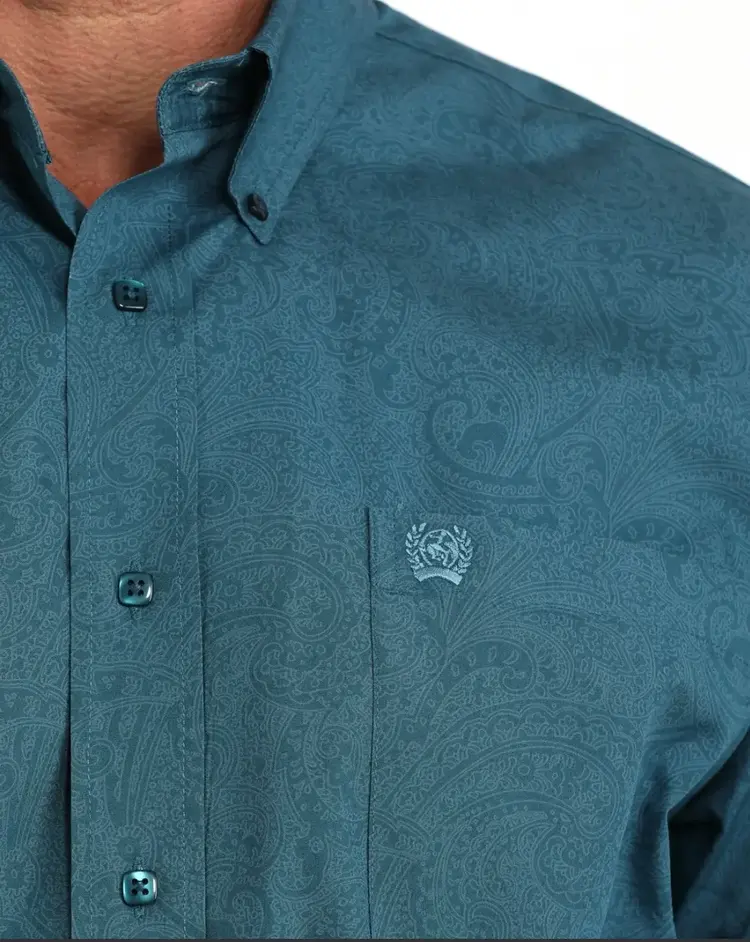 Cinch Paisley Print Button Down Blue