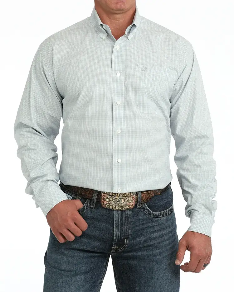 Cinch Light Blue Tight Plaid Button Down