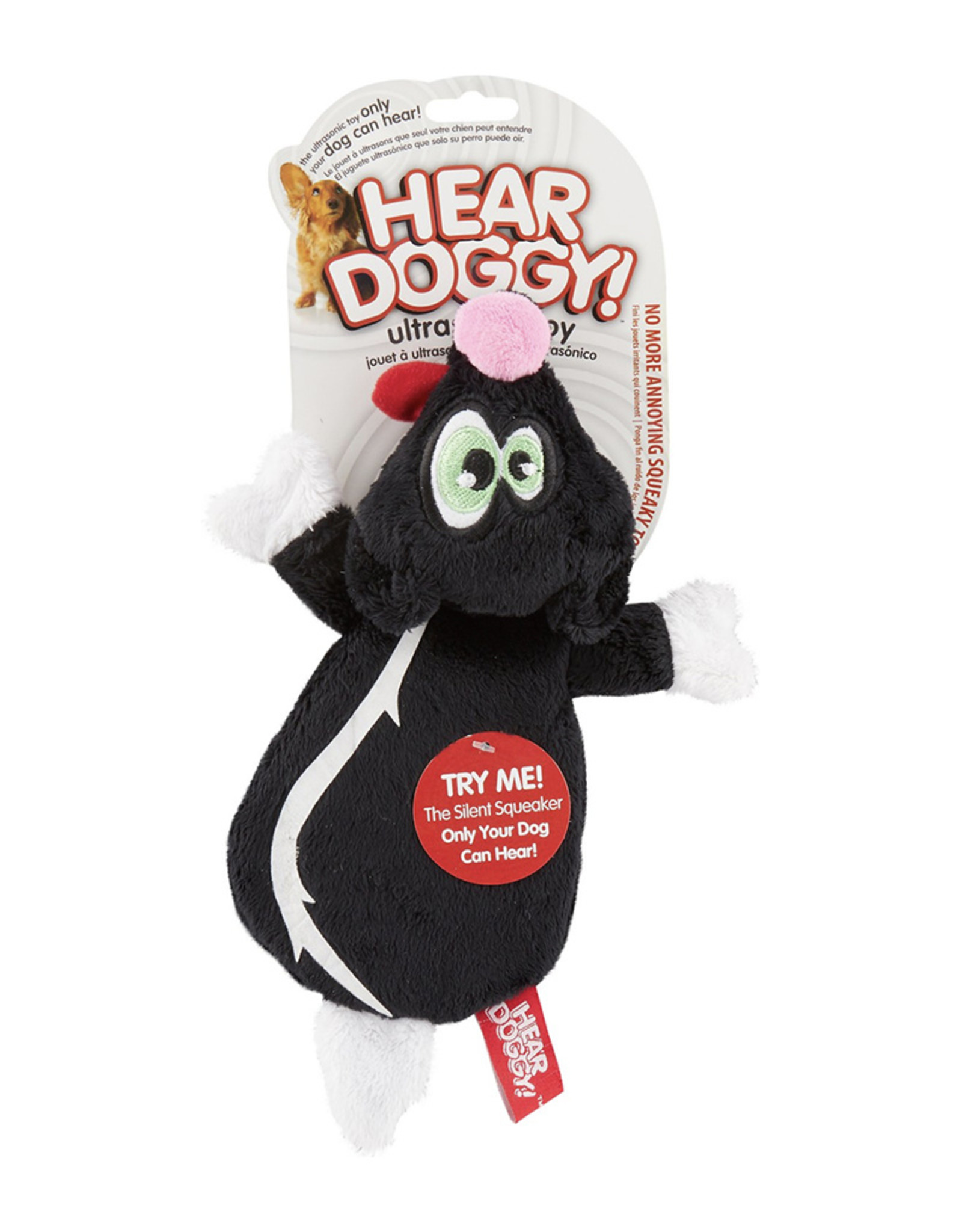 Hear Doggy Silent Squeaker Flattie Skunk Plush Dog Toy