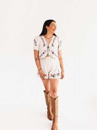 blu pepper Girly Cowgirl Floral Embroidery Shorts