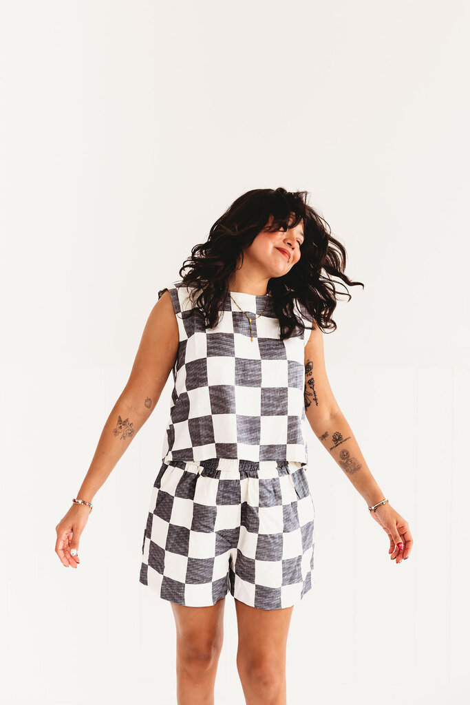 blu pepper Checked Out Linen Top