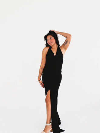 olivaceous Black Tie Affair Cowlick Dress