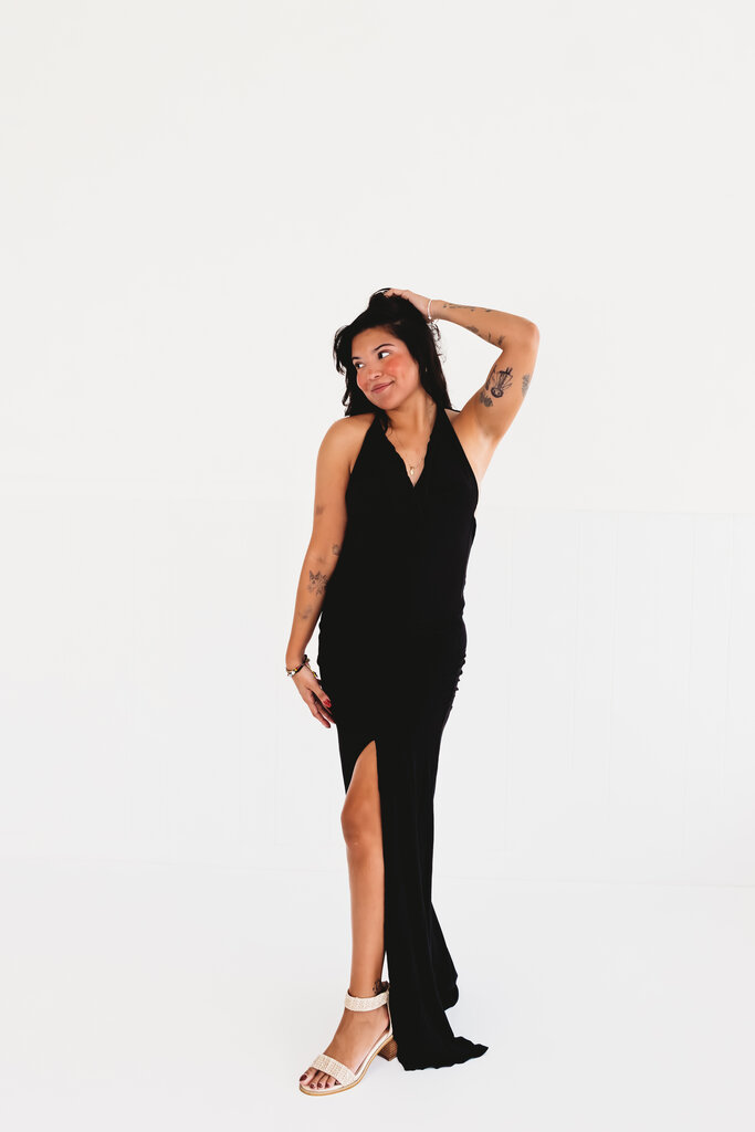 olivaceous Black Tie Affair Cowlick Dress