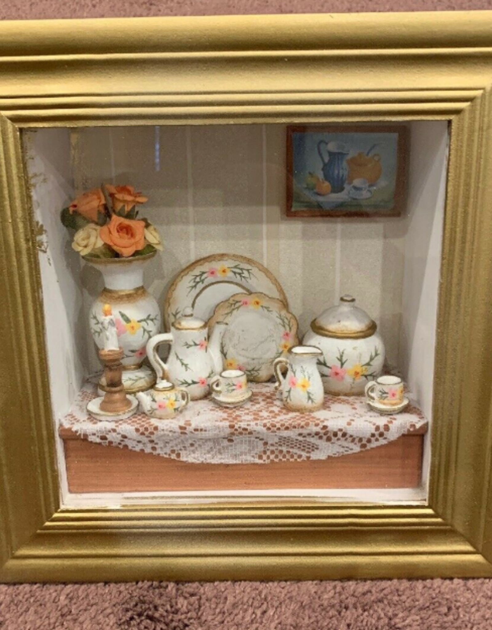 Unbranded Framed Diorama Dining Room Table English Tea Flowers 10” X 10