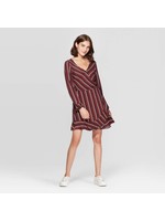 Women's Striped V-Neck Long Sleeve Wrap Mini Dress - Xhilaration Burgundy M