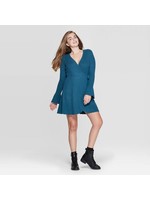 Women's Long Sleeve V-Neck Wrap Sweater Knit Mini Dress - Xhilaration Teal XS