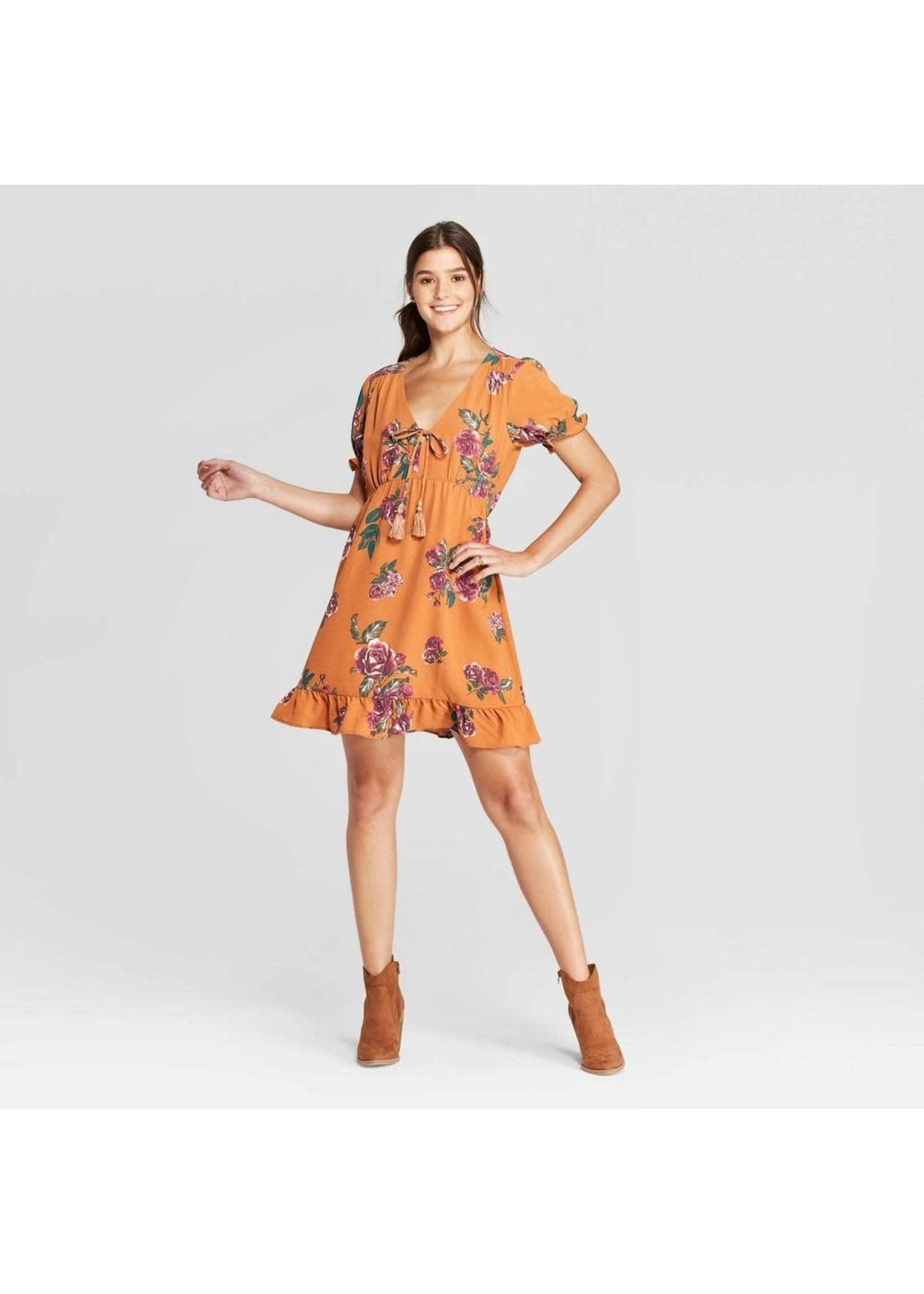 Women's Floral Print Short Sleeve V-Neck Tie Front Mini Dress - Xhilaration Mustard XS