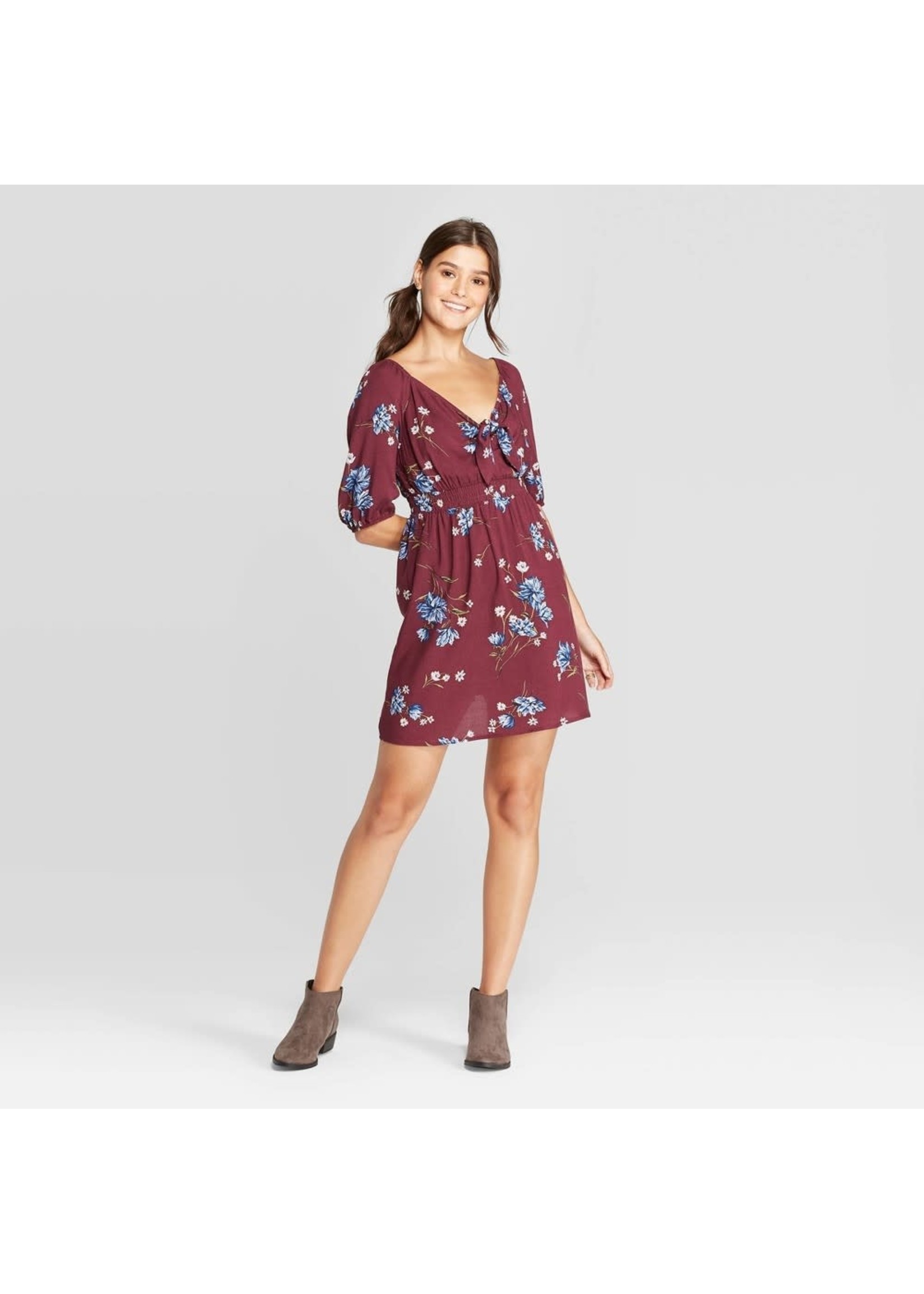 Women's Floral Print Elbow Sleeve V-Neck Tie Front Mini Dress - Xhilaration Plum M