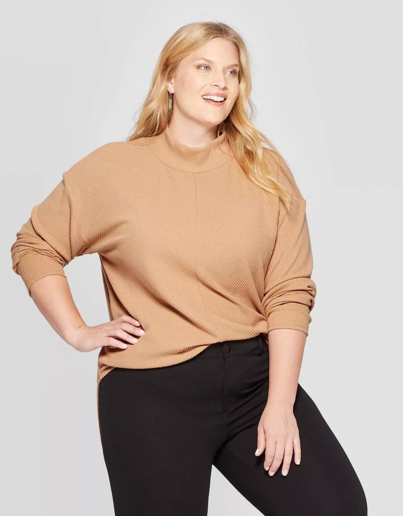 Download Women's Plus Size Long Sleeve Ribbed Mock Turtleneck T ...