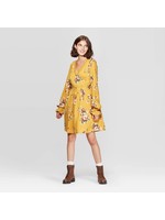 Women's Floral Print Long Sleeve Deep V-Neck Waist Tie Mini Dress - Xhilaration Mustard M