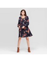 Women's Floral Print Long Sleeve Scoop Neck Button-Front Mini Dress - Xhilaration Navy M