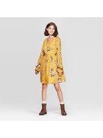 Women's Floral Print Long Sleeve Deep V-Neck Waist Tie Mini Dress - Xhilaration Mustard L