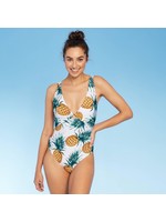 Women's Ring Front Plunge Ribbed One Piece Swimsuit - Sunn Lab White M