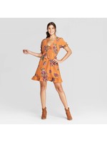 Women's Floral Print Short Sleeve V-Neck Tie Front Mini Dress - Xhilaration Mustard XL