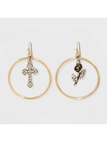 Asymmetrical Open Hoop with Rose and Cross Charm Earrings - Wild Fable™ Gold
