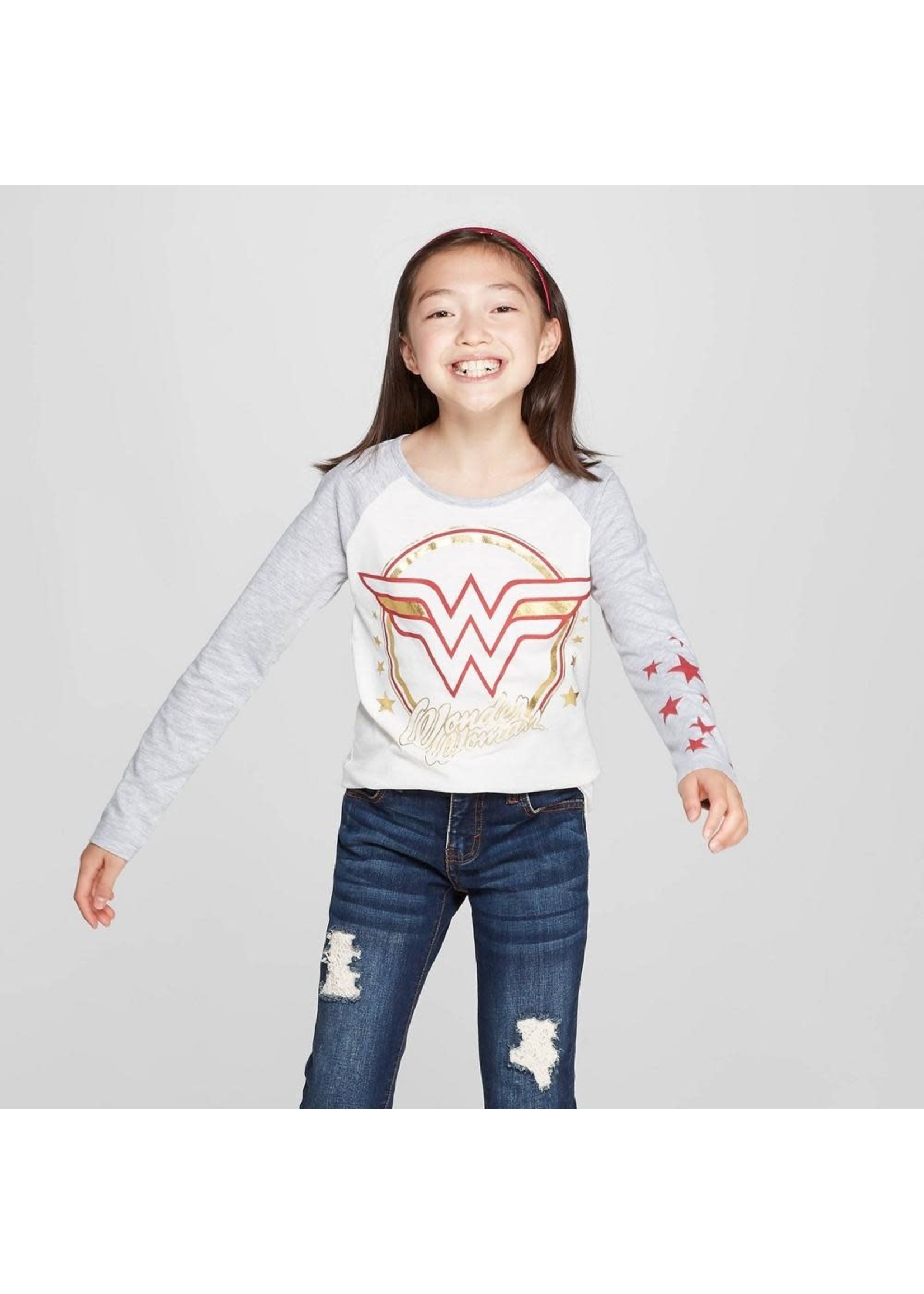 Girls' Wonder Woman Circle Shield Long Sleeve T-Shirt - White/Gray XL