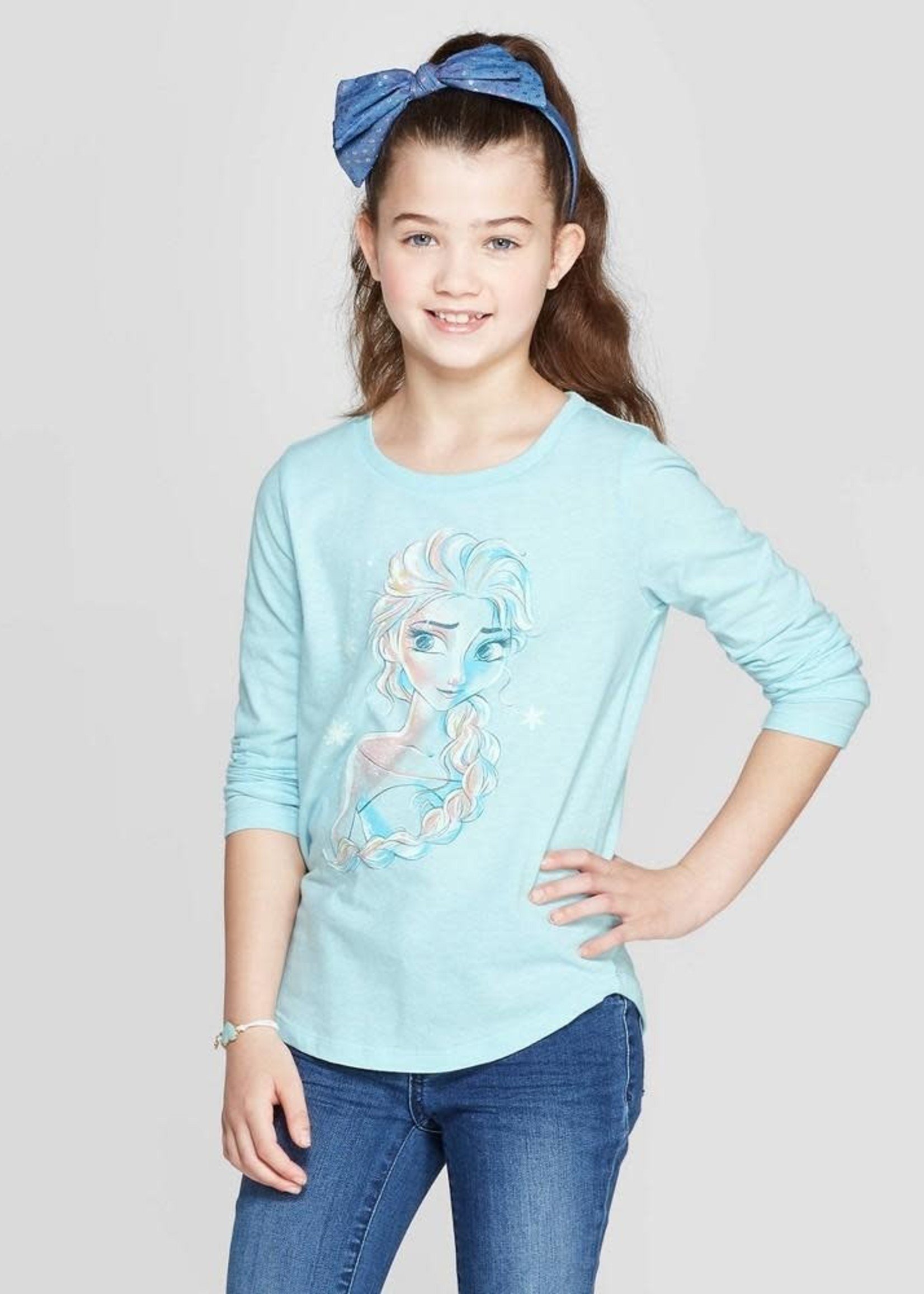 Girls' Frozen Elsa Long Sleeve T-Shirt - Light Blue XL