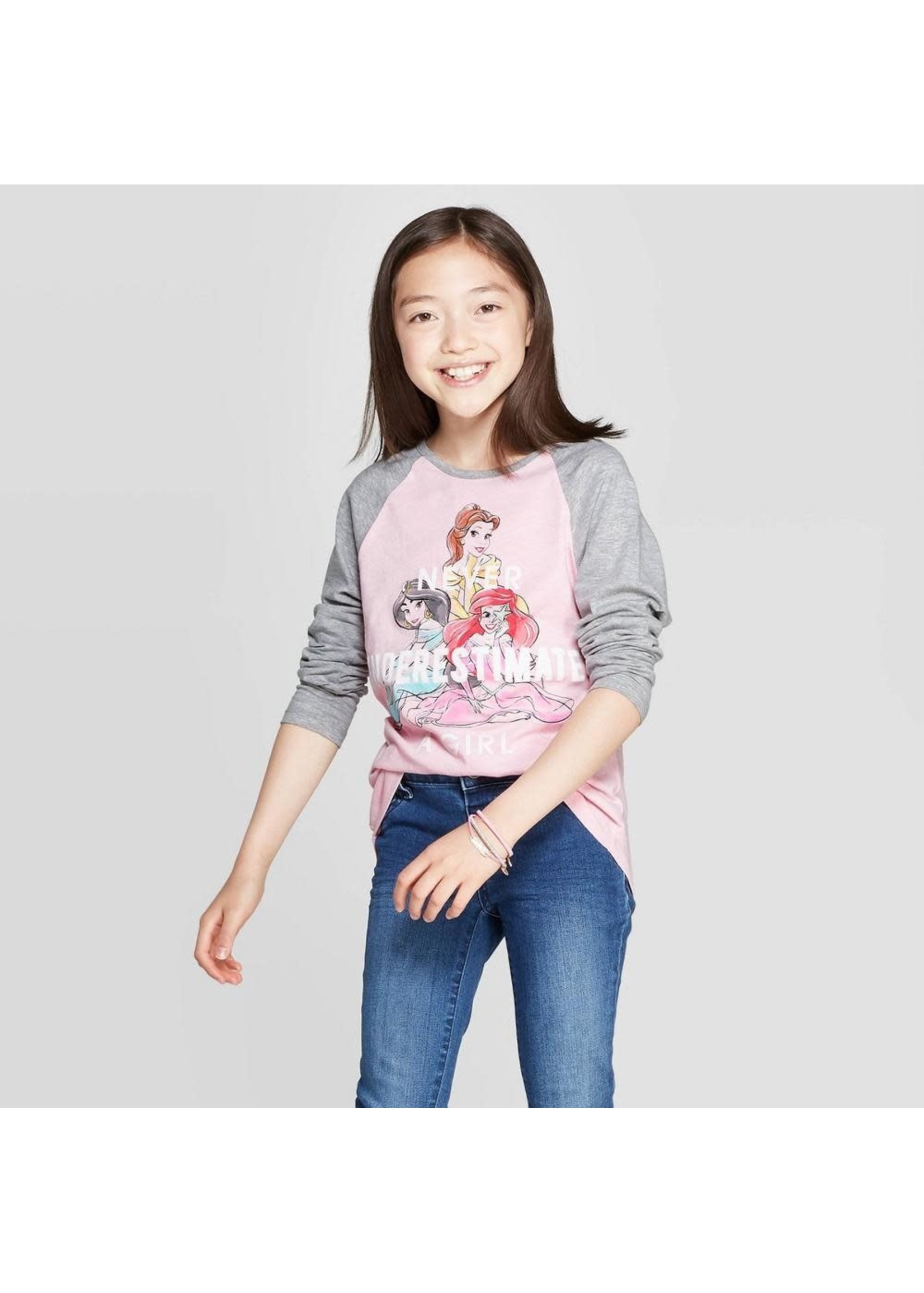 Girls' Disney Princess Never Underestimate Long Sleeve Raglan T-Shirt - Light Pink L