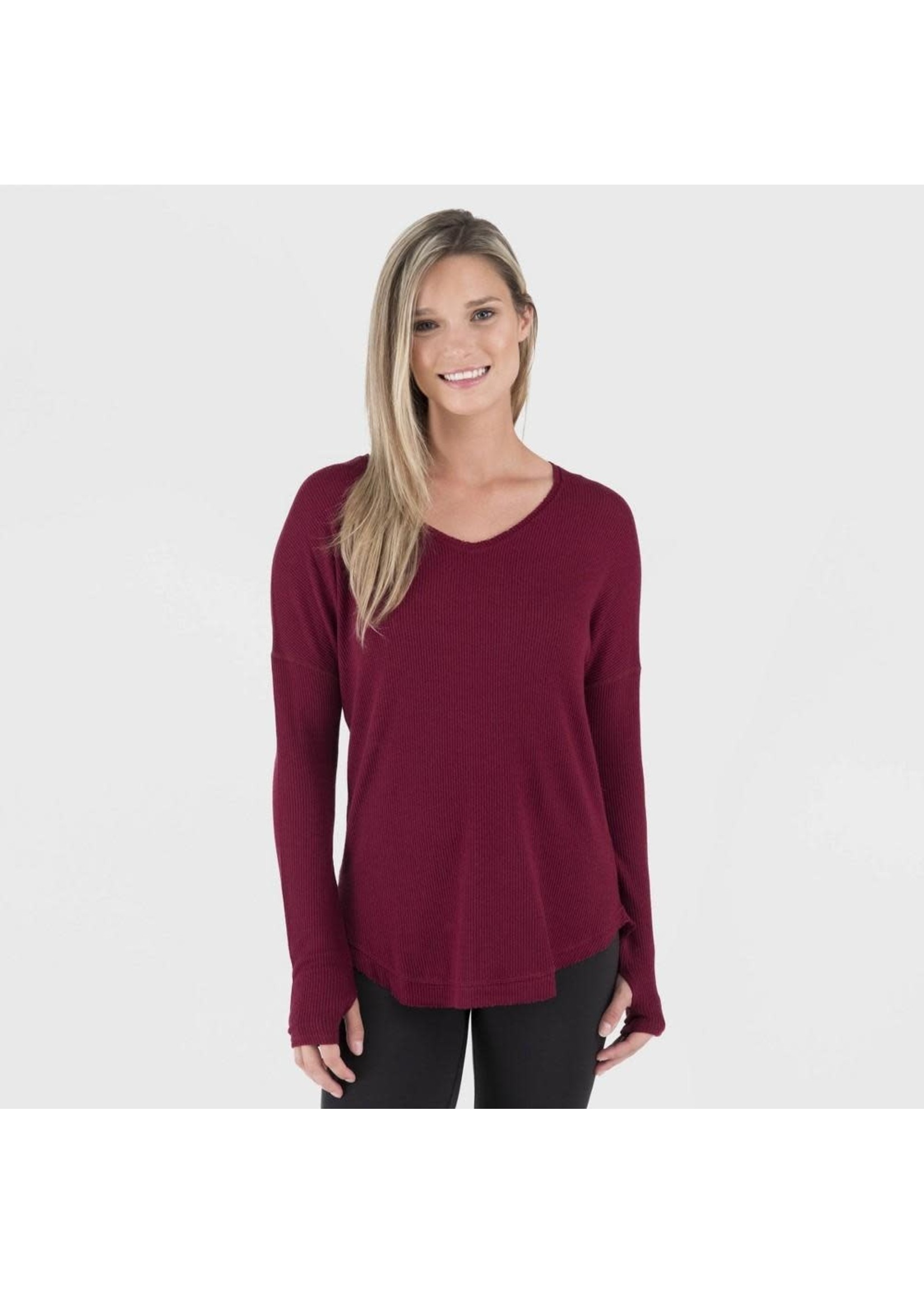 Wander by Hottotties Women's Waffle Collection Lea Long Sleeve V-Neck - Pomegranate Pink L