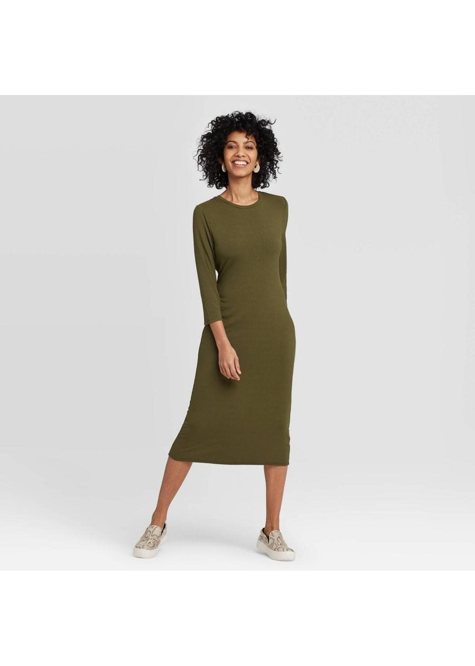 Women's Long Sleeve Rib Knit Dress - A New Dayâ„¢ Green XS