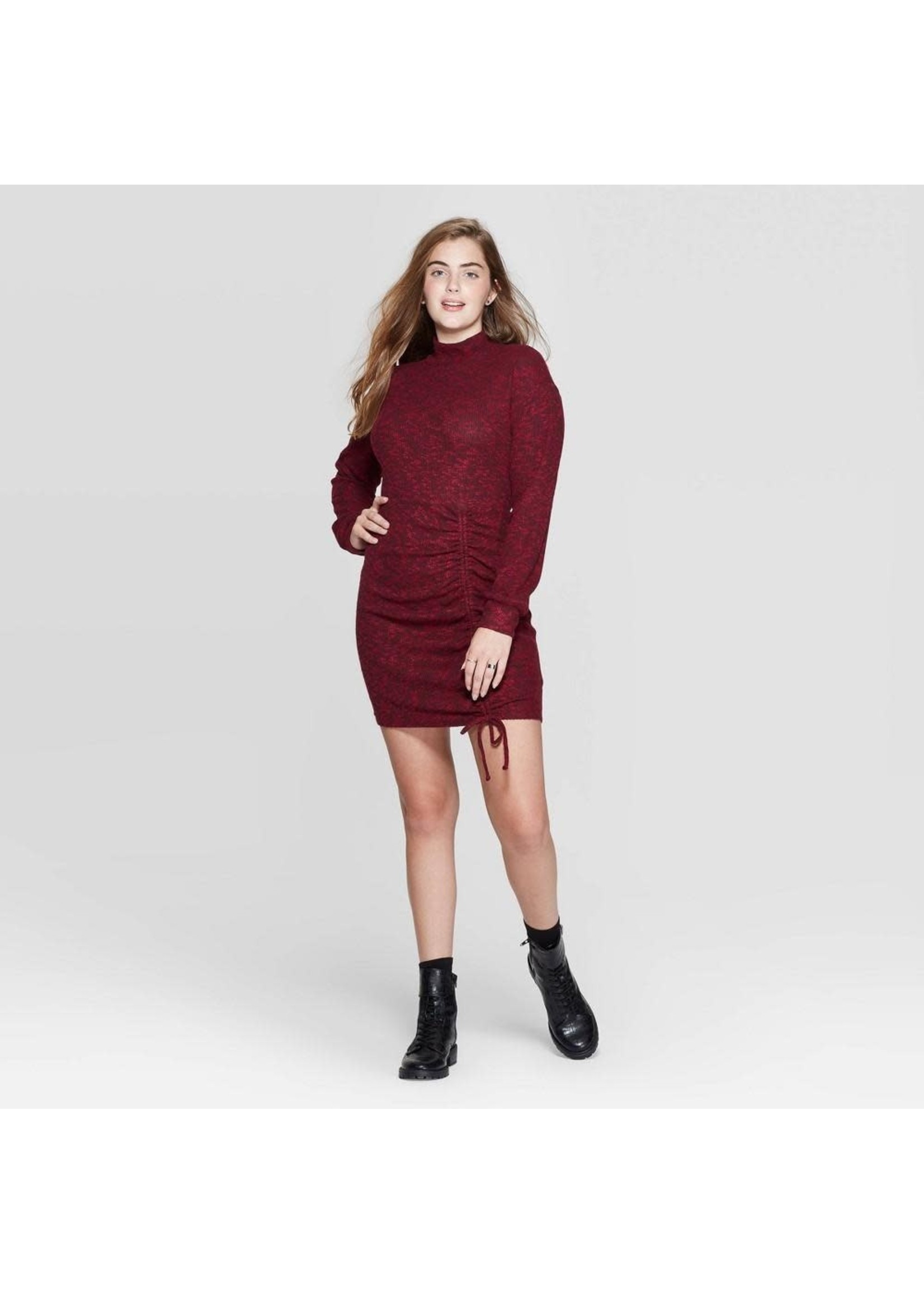 Women's Long Sleeve Mock Turtleneck Cinched Bottom Sweater Mini Dress - Xhilarationâ„¢ Burgundy XS