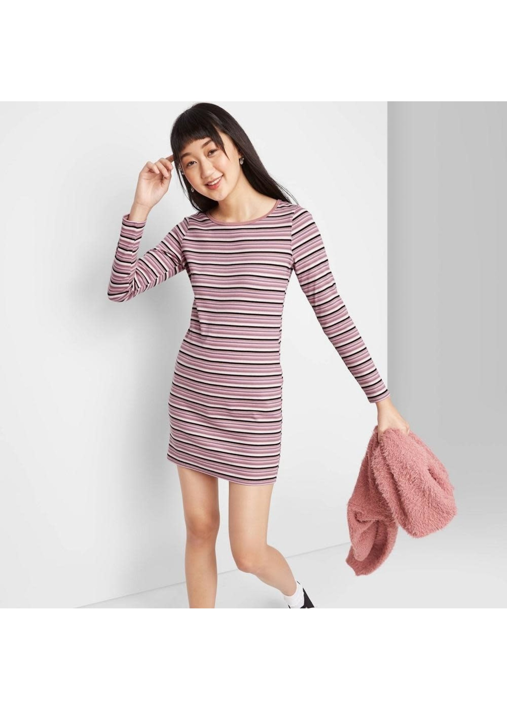 Women's Striped Long Sleeve Round Neck Knit Mini Dress - Wild Fableâ„¢ XS