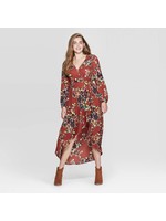 Women's Floral Print Long Sleeve Deep V-Neck High Low Hem Wrap Midi Dress - Xhilarationâ„¢ Rust S