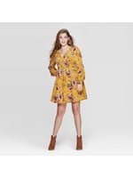 Women's Floral Print Long Sleeve V-Neck Smocked Waist Mini Dress - Xhilarationâ„¢ Mustard S