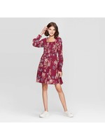 Women's Floral Print Long Sleeve Square Neck Smocked Top Mini Dress - Xhilarationâ„¢ Wine S