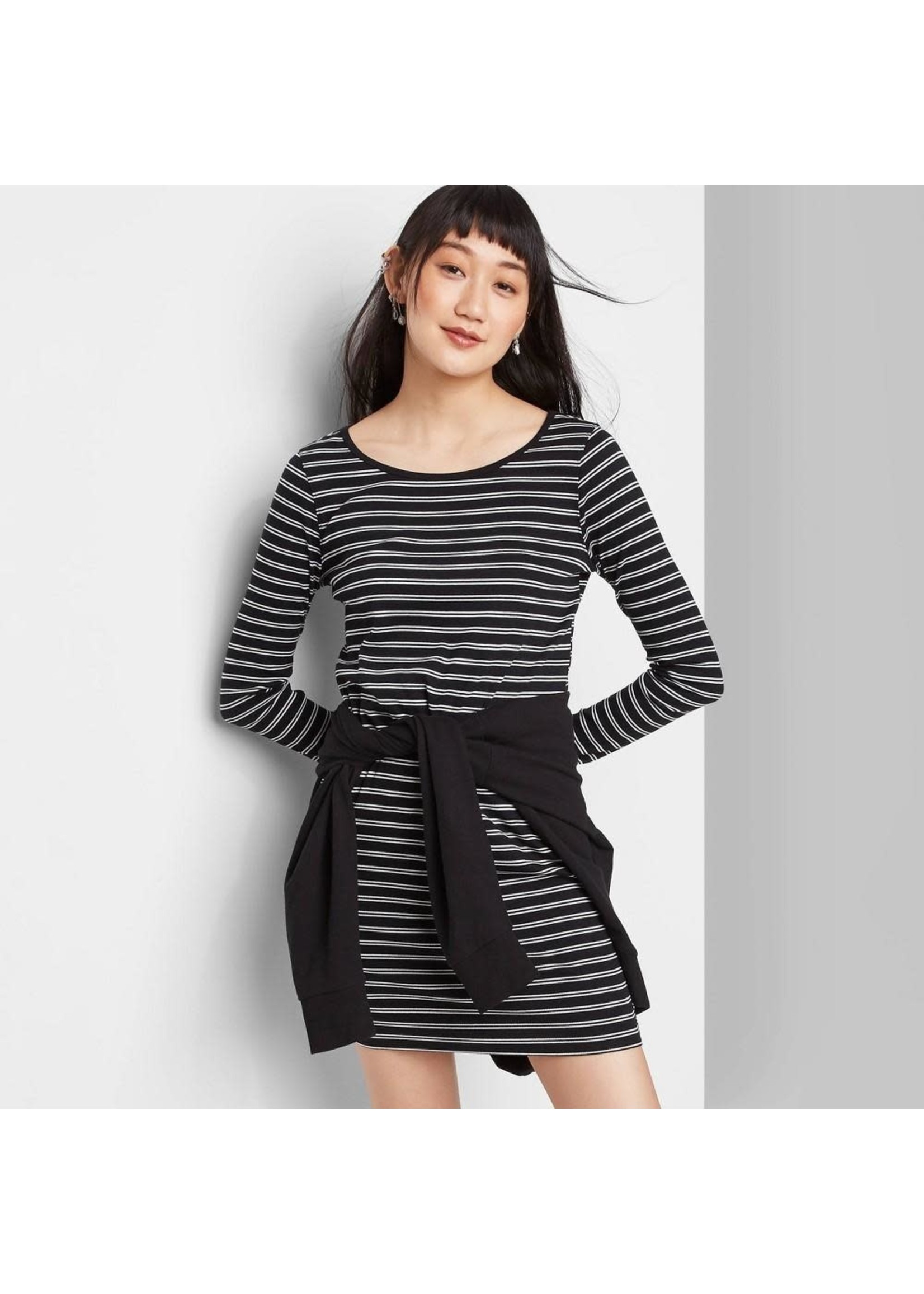 Women's Striped Long Sleeve Round Neck Knit Mini Dress - Wild Fableâ„¢ Black/White M
