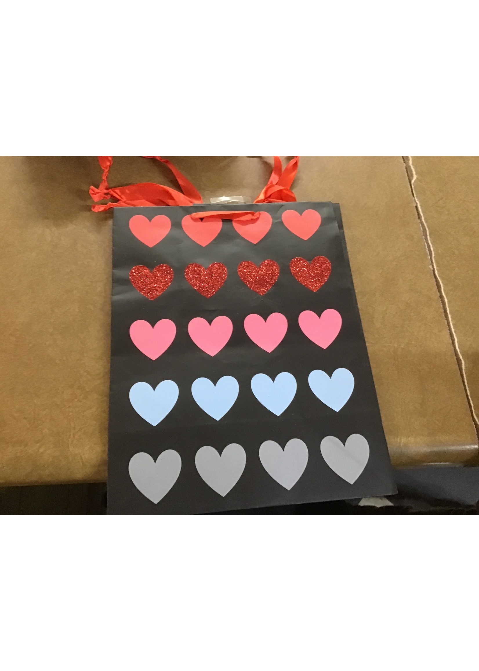 LARGE SPECIALTY BAG MULTI COLOR HEARTS ON BLACK