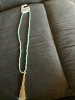 Semi Precious Beaded Tassel Pendant Necklace - Green/Gold