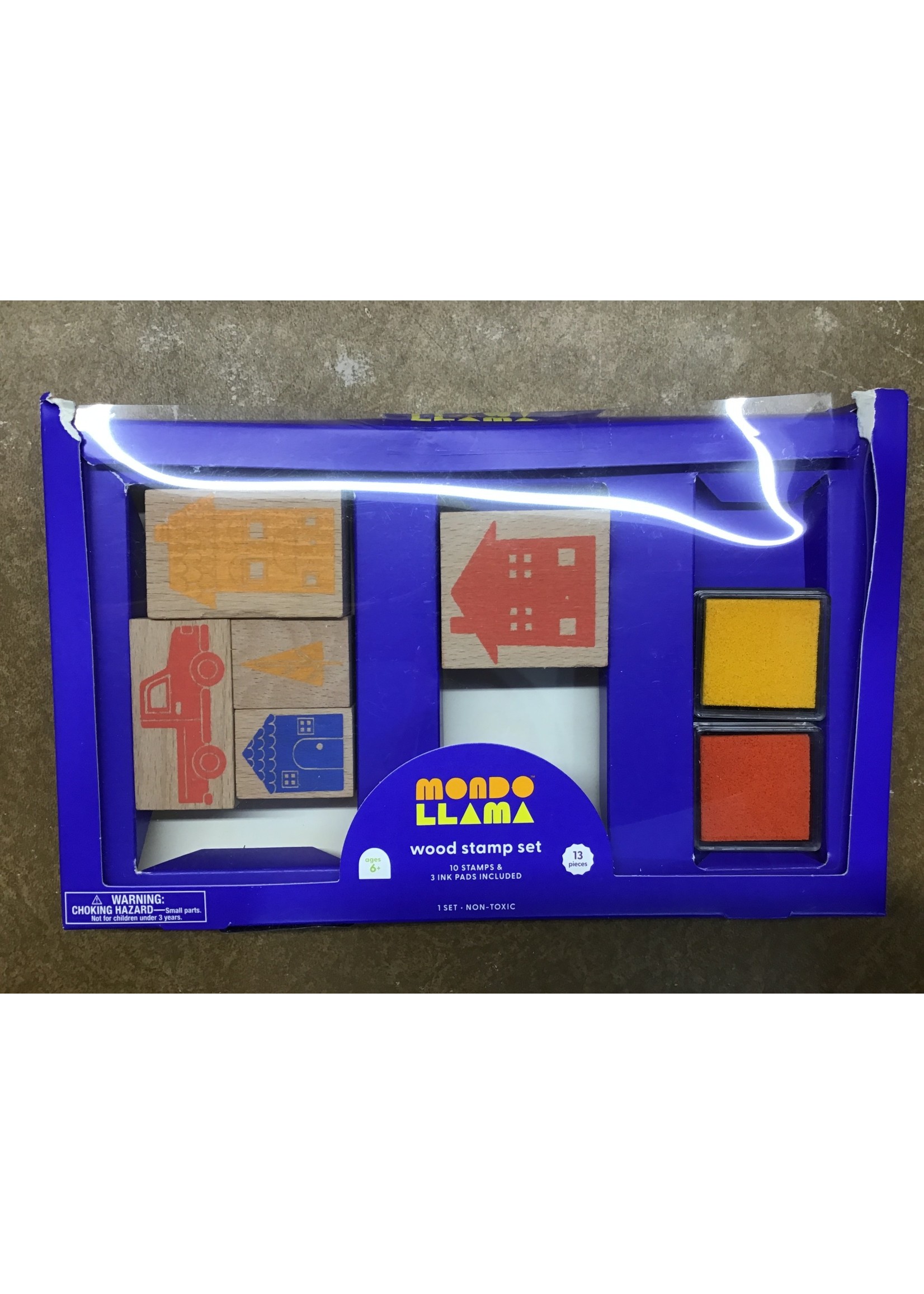 Missing 5 stamps and 1 ink pad-MONDO LLAMA 13PC WOOD STAMP SET