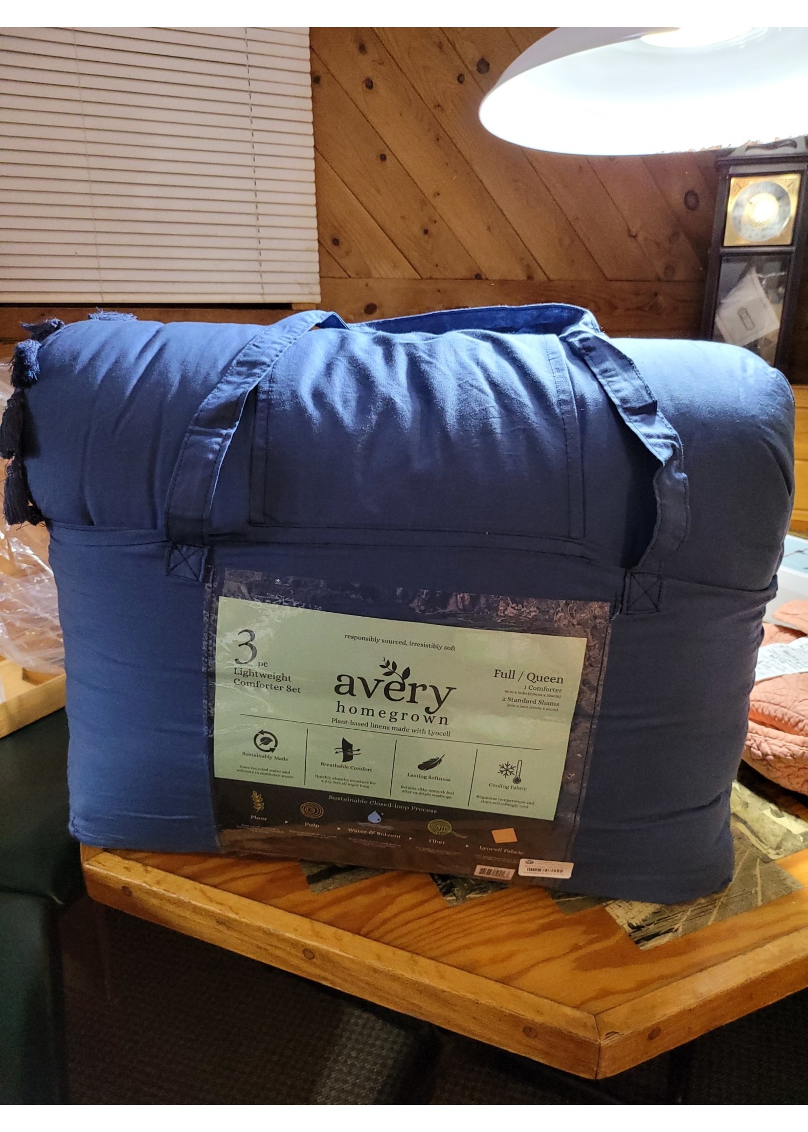 Full/Queen 3pc Cotton Lyocell Tassle Comforter Set Navy - Avery Homegrown