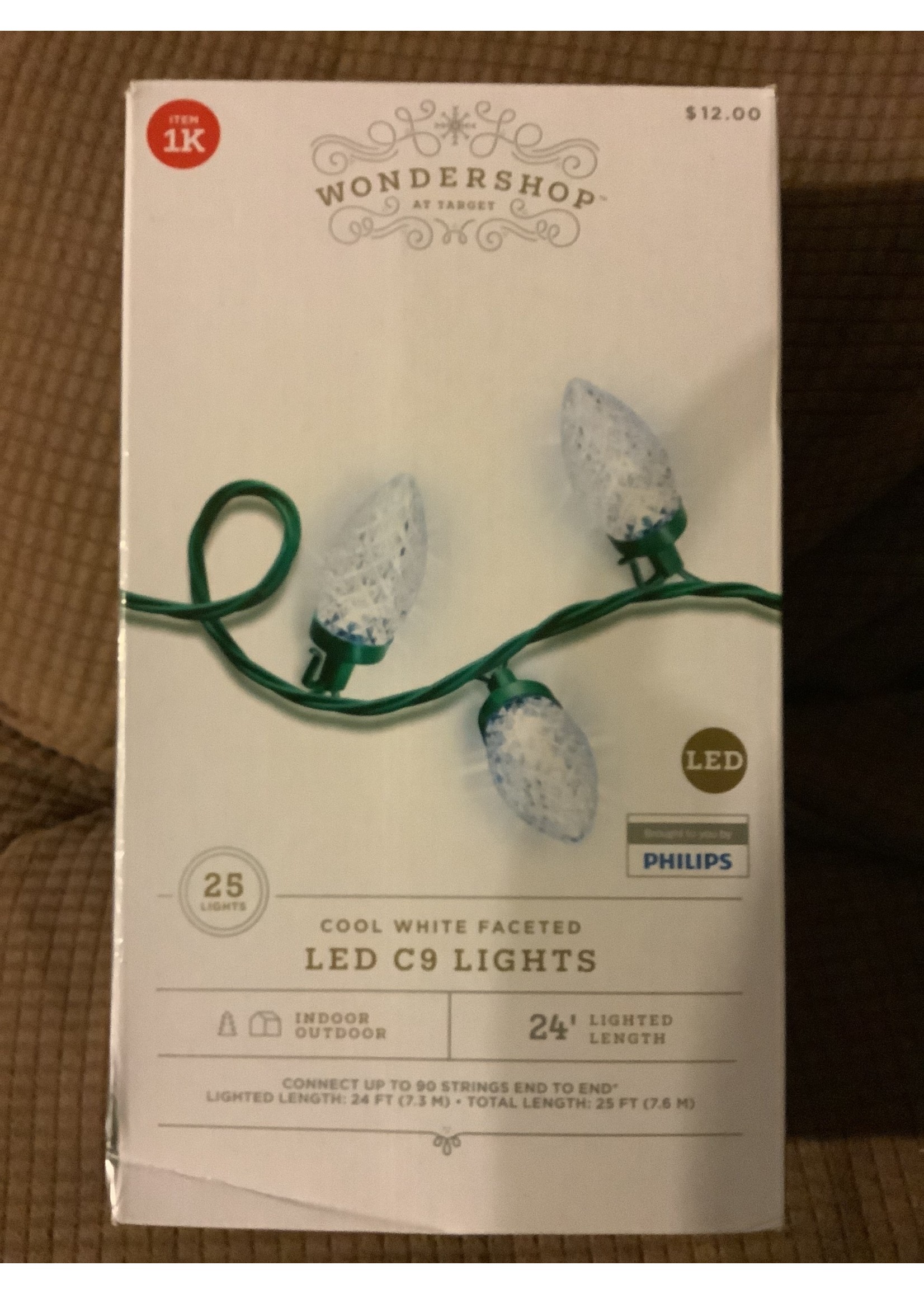 25ct LED C9 Faceted Christmas String Lights Cool White with Green Wire - Wondershop
