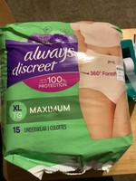 Open- Always Discreet Incontinence & Postpartum Incontinence Underwear for Women - Maximum Protection - XL - 15ct