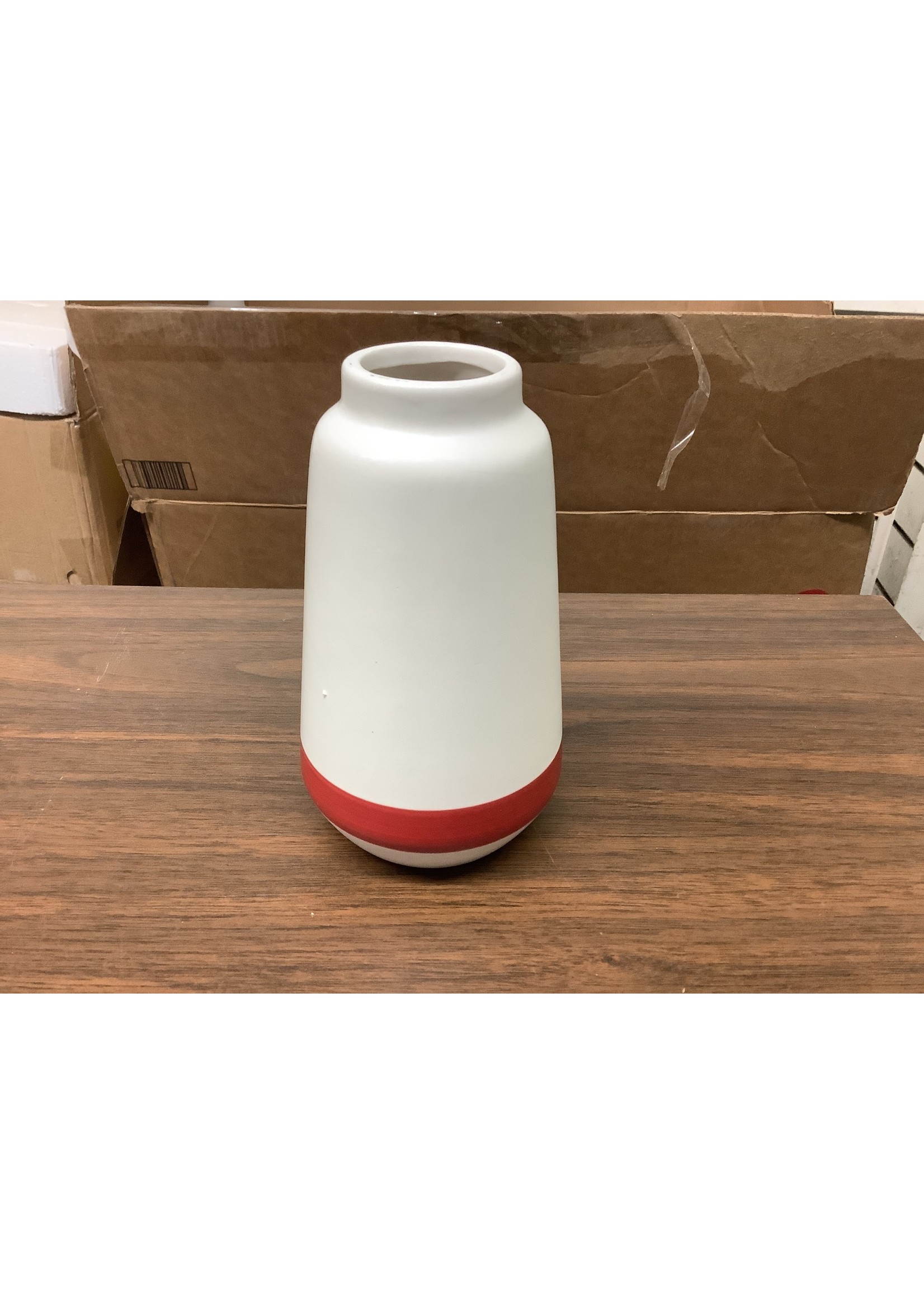 White w/ Red Stripe Ceramic Vase 6 3/4” x 3 1/2”