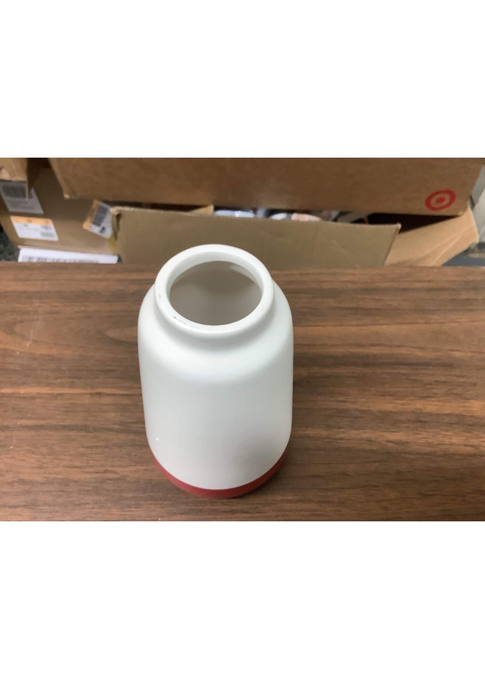 White w/ Red Stripe Ceramic Vase 6 3/4” x 3 1/2”