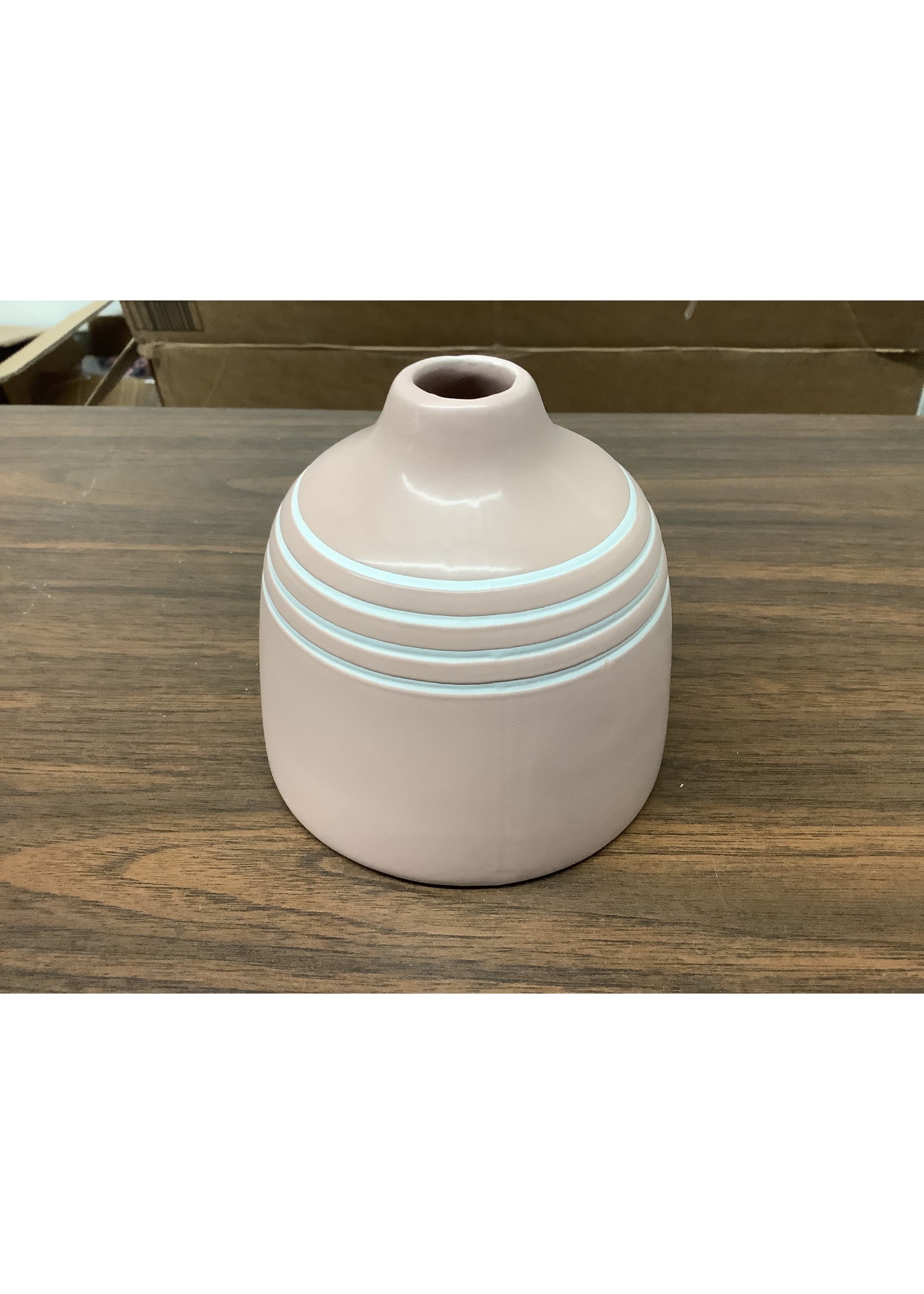 Pink w/ White Stripe Ceramic Vase 4 1/2” x 4 3/4”