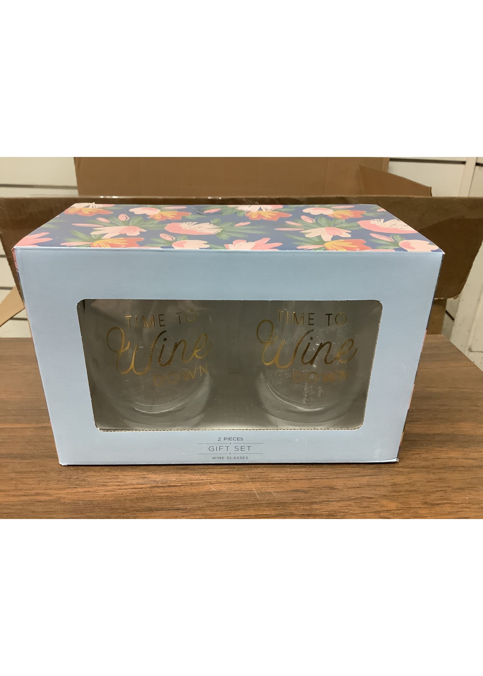 Set of 2 Wine Glass Gift Set Time To Wine Down